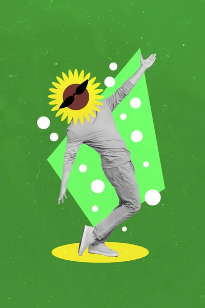 頭のない抽象的な男が腕を踊るの複合コラージュ黄色のひまわりは緑の塗装の背景に隔離されたクールなサングラスの春の時間を着用 — ストック写真