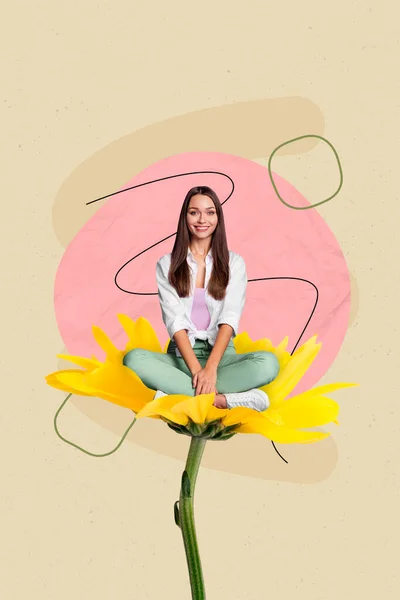 Funny Photo Poster Collage Young Cheerful Positive Lady Sitting Yellow — Stok Foto