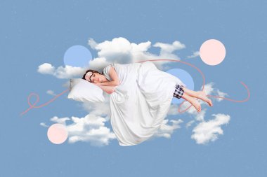 Inspiration magazine template collage of sleeping woman comfy dreaming air fly sky clouds on colorful background. clipart