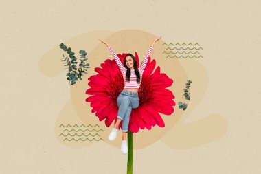 Photo creative artwork 3d template design collage of young cheerful satisfied lady comfort chill red gerbera growth isolated on yellow background. clipart