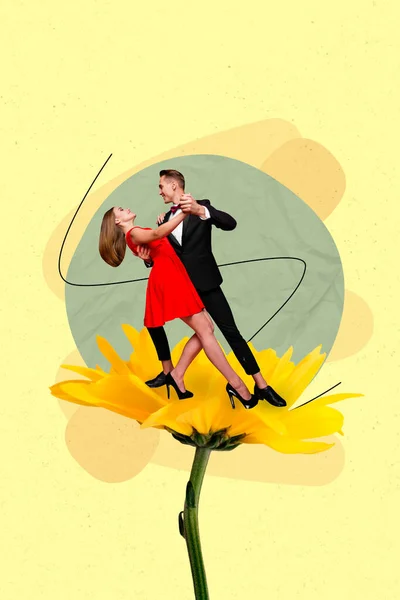 Vertical Creative Photo Collage Beautiful Couple Girl Guy Enjoy Dancing — Foto de Stock