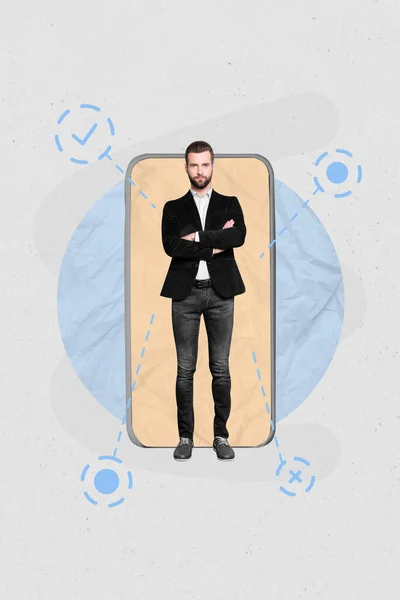 Creative Magazine Poster Collage Young Business Man Touchscreen Gadget Helper — Foto de Stock