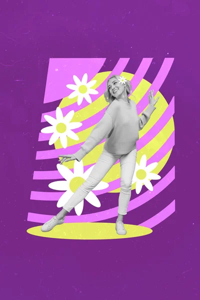 美しい春を祝う陽気なダンスのコラージュ写真ポスター紫色の塗装の背景に隔離された白いデイジーの花を咲かせます — ストック写真
