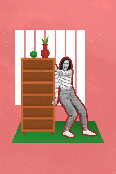 家具のコラージュ写真広告一人で大きなワードローブを押す会社の女性屋内には電源が描かれた赤の背景に隔離されていない — ストック写真