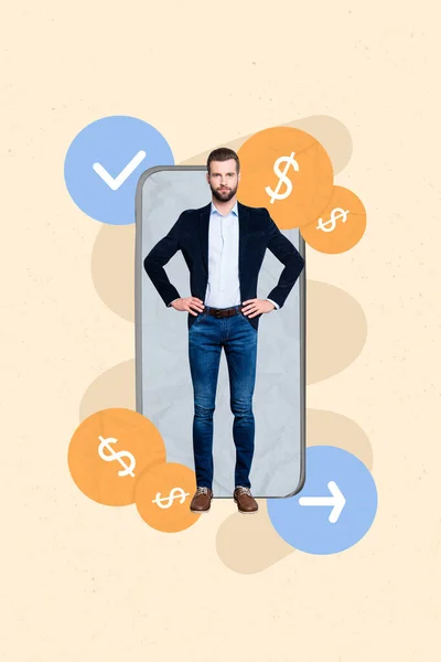 Magazine Poster Banner Collage Successful Investor Man Touchscreen Smart Gadget — Stockfoto