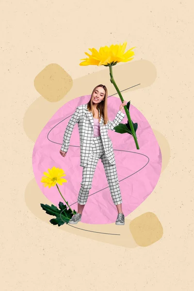 Vertical Creative Photo Collage Illustration Satisfied Attractive Girl Hold Yellow — Stockfoto