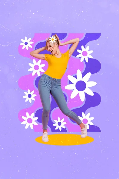 Creative Photo Collage Artwork Poster Postcard Crazy Happy Lady Chill — Foto Stock