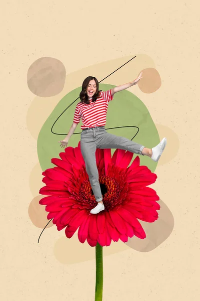 Photo Excited Funny Girl Dance Red Gerbera Wear Stylish Outfit — Stockfoto
