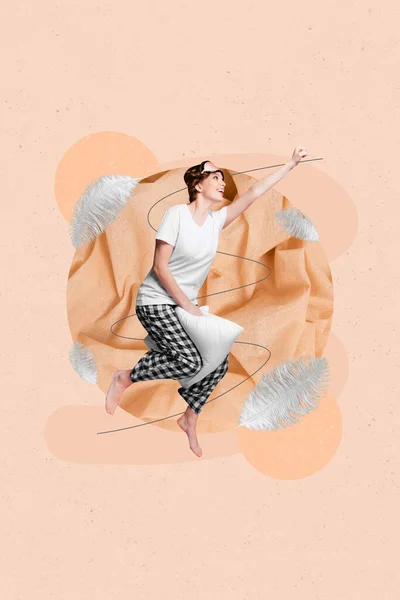 Photo Creative Collage Picture Artwork Funky Joyful Lady Sitting Soft — Stock Photo, Image