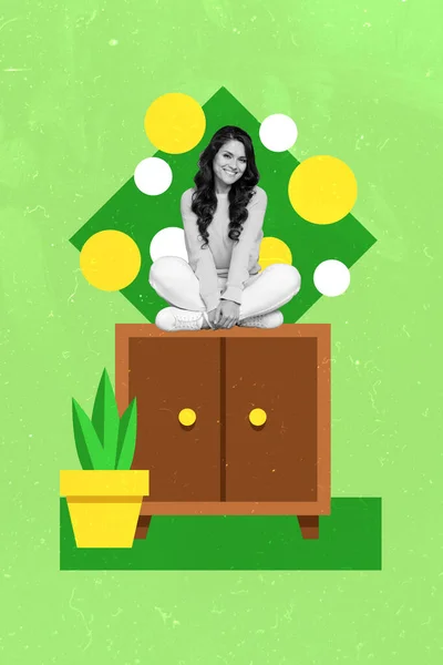 Collage Artwork Graphics Picture Happy Smiling Lady Sitting Wooden Drawer — Stockfoto