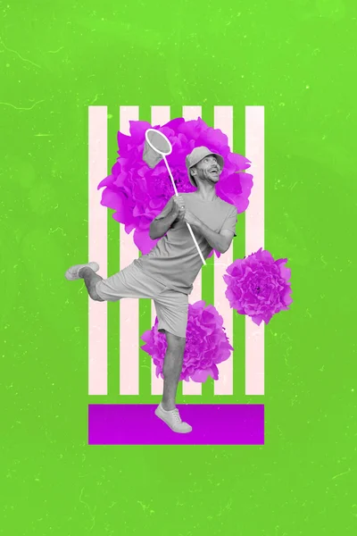 興奮した肯定的な男のコラージュポスターアートワークは面白い帽子を着用しようとしてキャッチ蝶ネット新鮮な塗装紫色の花は緑の背景に隔離 — ストック写真