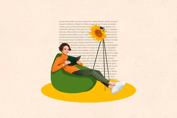 Creative Photo Collage Artwork Poster Postcard Beautiful Smart Lady Reading — Stok fotoğraf