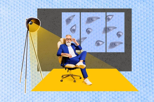Creative Photo Collage Artwork Poster Postcard Successful Retired Man Sitting —  Fotos de Stock