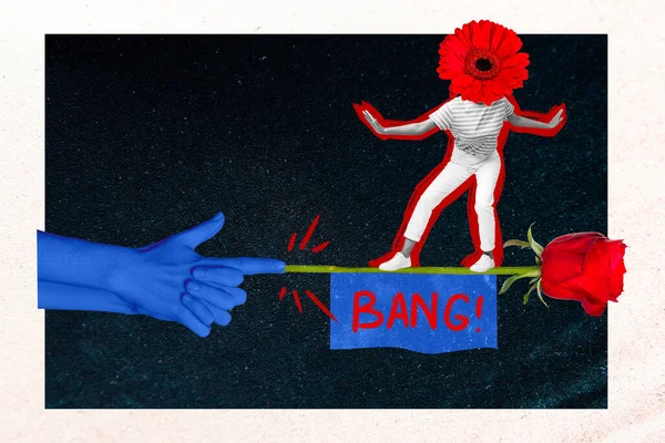 Creative Poster Collage Woman Balancing Red Rose Hands Shooting Gun — Stockfoto
