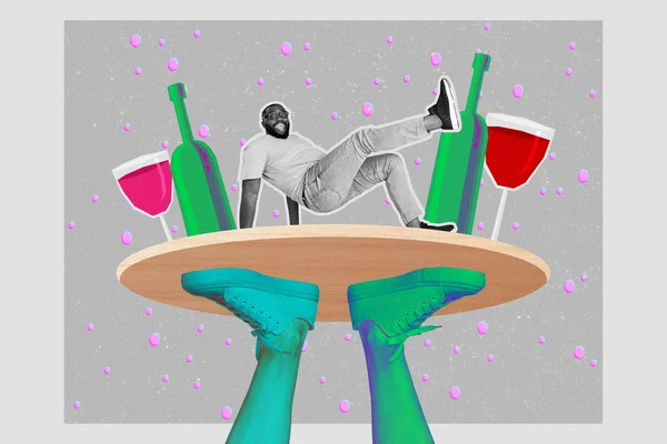 面白いファンキーダンスヒップホップマンウェイタートレイアルコールの創造的な抽象的なテンプレートのコラージュは楽しいワインを持っています金曜日のお祝いの休日 — ストック写真