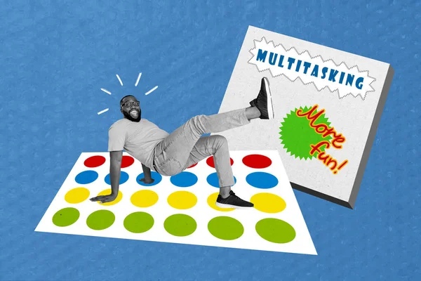 Composite Collage Image Young Funny Man Playing Twister Game Multitasking — Fotografia de Stock