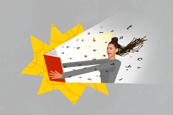 Creative Trend Collage Shocked Young Woman Holding Book Scream Flying — Stock fotografie