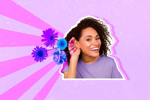 Collage Picture Cheerful Positive Girl Arm Ear Listen Head Flourish — Stock Photo, Image