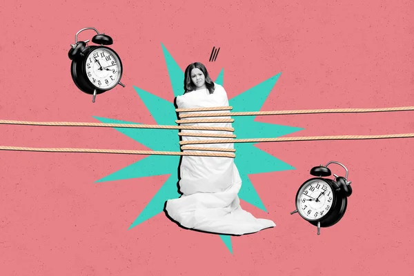 Creative collage picture of little black white colors girl tied blanket strings big bell ring clocks isolated on painted background.