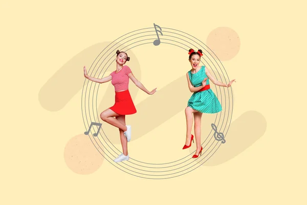 Retro Abstract Creative Collage Artwork Template Smiling Happy Ladies Dancing — Fotografia de Stock