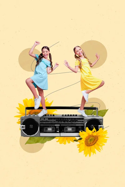 Artwork Magazine Collage Picture Lucky Smiling Small Ladies Dancing Big — Stockfoto