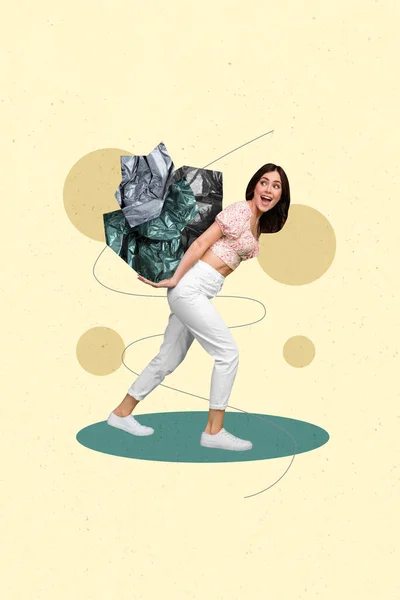Creative Trend Collage Young Pretty Woman Carry Hold Trash Rubber — стоковое фото