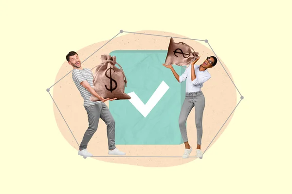 Creative Poster Collage Rich Young Man Woman Hold Dollar Sacks — Stockfoto