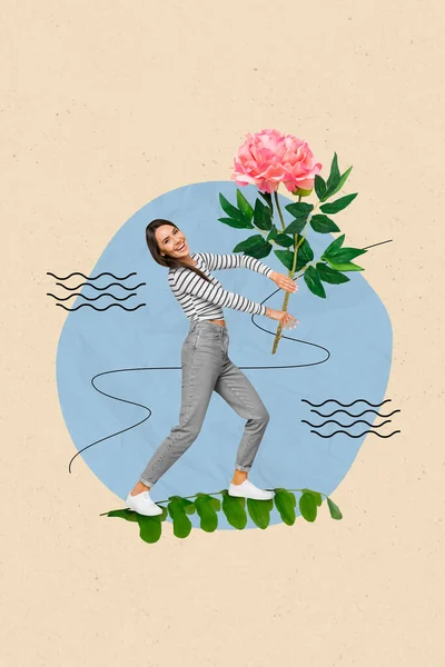 Vertical Creative Collage Image Young Woman Walking Hold Flower Stem — Stockfoto