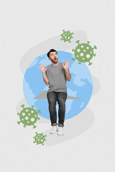 Vertical Creative Collage Image Young Amazed Man Looking Virus Coronavirus — Stock Photo, Image