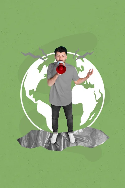 Collage poster of young angry active man wear casual outfit hold microphone talk loud protest against ecology pollution isolated on green background.