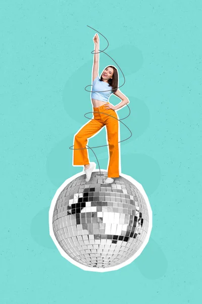 Creative poster collage of dancing energetic young woman gave fun disco ball party time youngster fantasy billboard comics weekend.