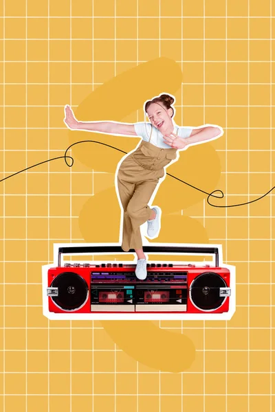 Creative Photo Collage Artwork Poster Joyful Beautiful Girl Dancing Enjoy — Stockfoto