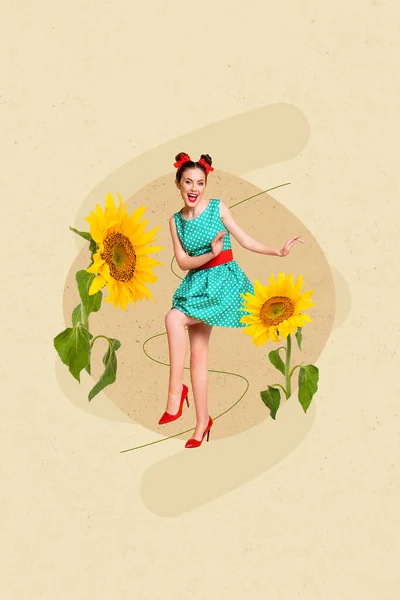 若い興奮ヒップスター女性のコラージュ写真ポスターアクアマリンスカートダンスはベージュの背景に隔離された夏の花黄色の花を祝う — ストック写真