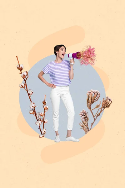 可愛い若い女性スピーカーメガホン春の花の広告の複合コラージュ画像販売ショッピングを発表 — ストック写真