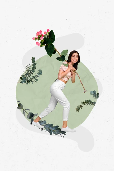 Creative Trend Collage Excited Optimistic Young Woman Going Carry Flower — стоковое фото