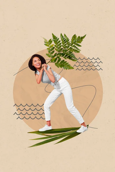 Composite Collage Image Woman Carry Hold Fern Branch Nature Forest — Stockfoto