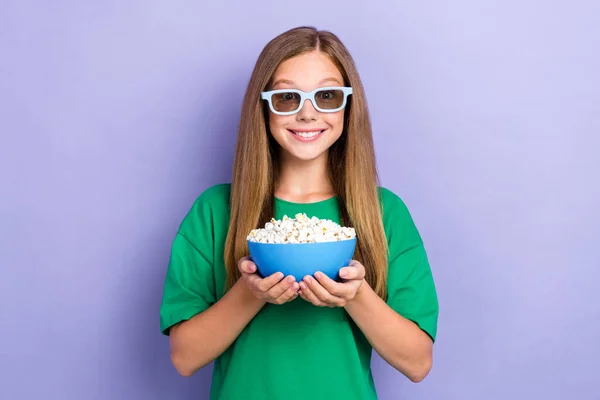 Photo Cheerful Pretty Lovely Lady Hold Bucket Delicious Snack Watch — Stock Photo, Image