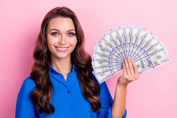 Photo Positive Adorable Lady Trendy Clothes Rejoice Hand Hold Money — Stock Photo, Image