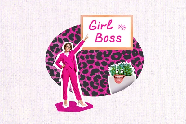 Creative Photo Collage Illustration Confident Positive Businesswoman Directing Board Funny — Fotografia de Stock
