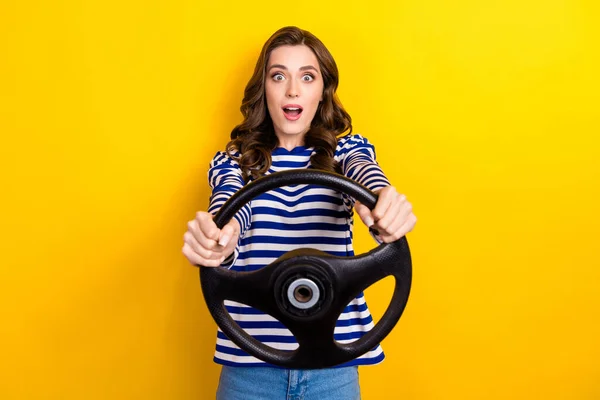 Photo Portrait Attractive Young Woman Hold Steering Wheel Look Astonished — 图库照片