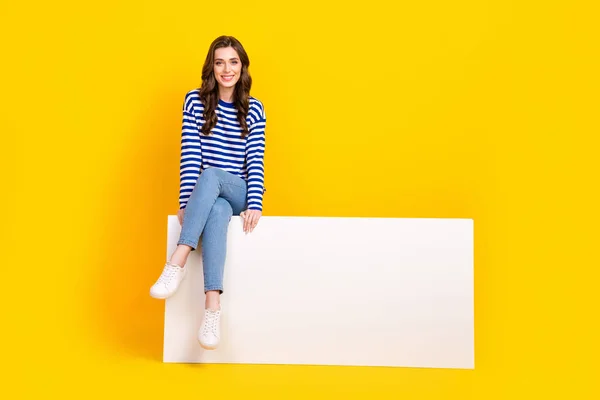Full Length Portrait Pretty Cheerful Person Sitting Empty Space Poster — Stock fotografie