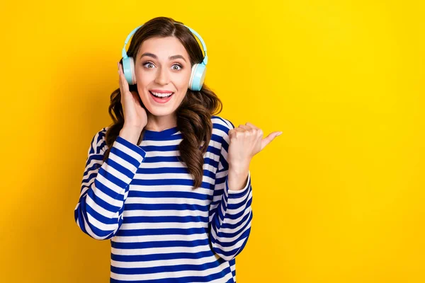 Photo Excited Funky Young Girl Dressed Striped Pullover Listening Songs — Stockfoto