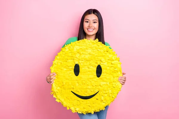 Portrait Charming Funky Filipino Lady Arms Hold Large Emoji Collage —  Fotos de Stock
