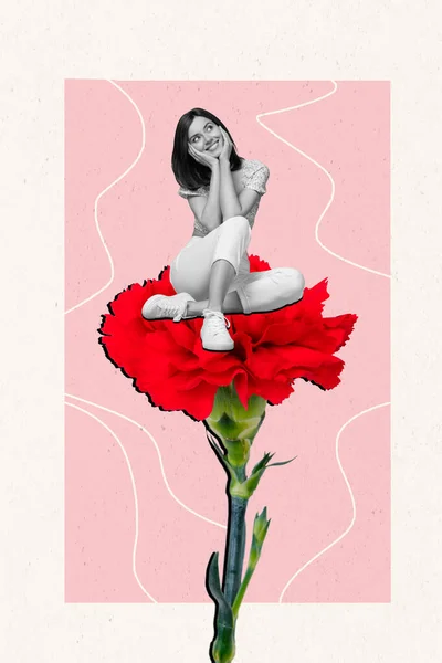 Magazine Template Collage Beautiful Lady Sit Red Carnation Dreamy Comfort —  Fotos de Stock