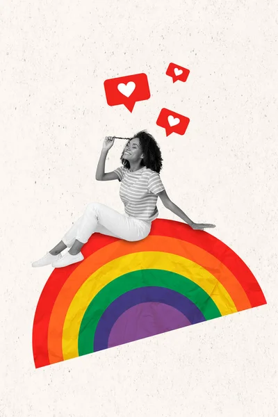 Template Advert Collage Happy Lady Girlfriend Media Love Heart Sit — Stockfoto