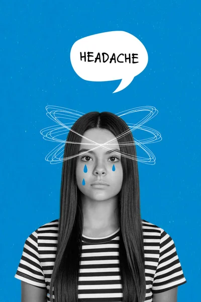 Creative magazine mockup collage of sad upset girl weeping suffer terrible headache school trouble lesson homework exams.