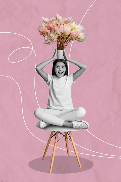 Poster Magazine Banner Collage Funny Kid Girl Sitting Chair Hold — стоковое фото