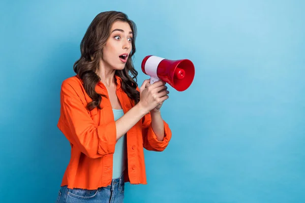 Photo Portrait Young Pretty Girl Astonished Activist Hold Loudspeaker Wear — Stock Photo, Image