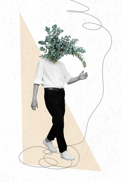 頭の代わりに匿名の男歩く植物の写真のスケッチグラフィックコラージュアートワーク画像孤立した図面の背景 — ストック写真