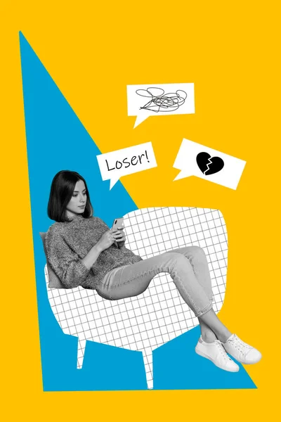 Poster Magazine Template Collage Sad Millennial Girl Sit Chair Use — Stock Photo, Image